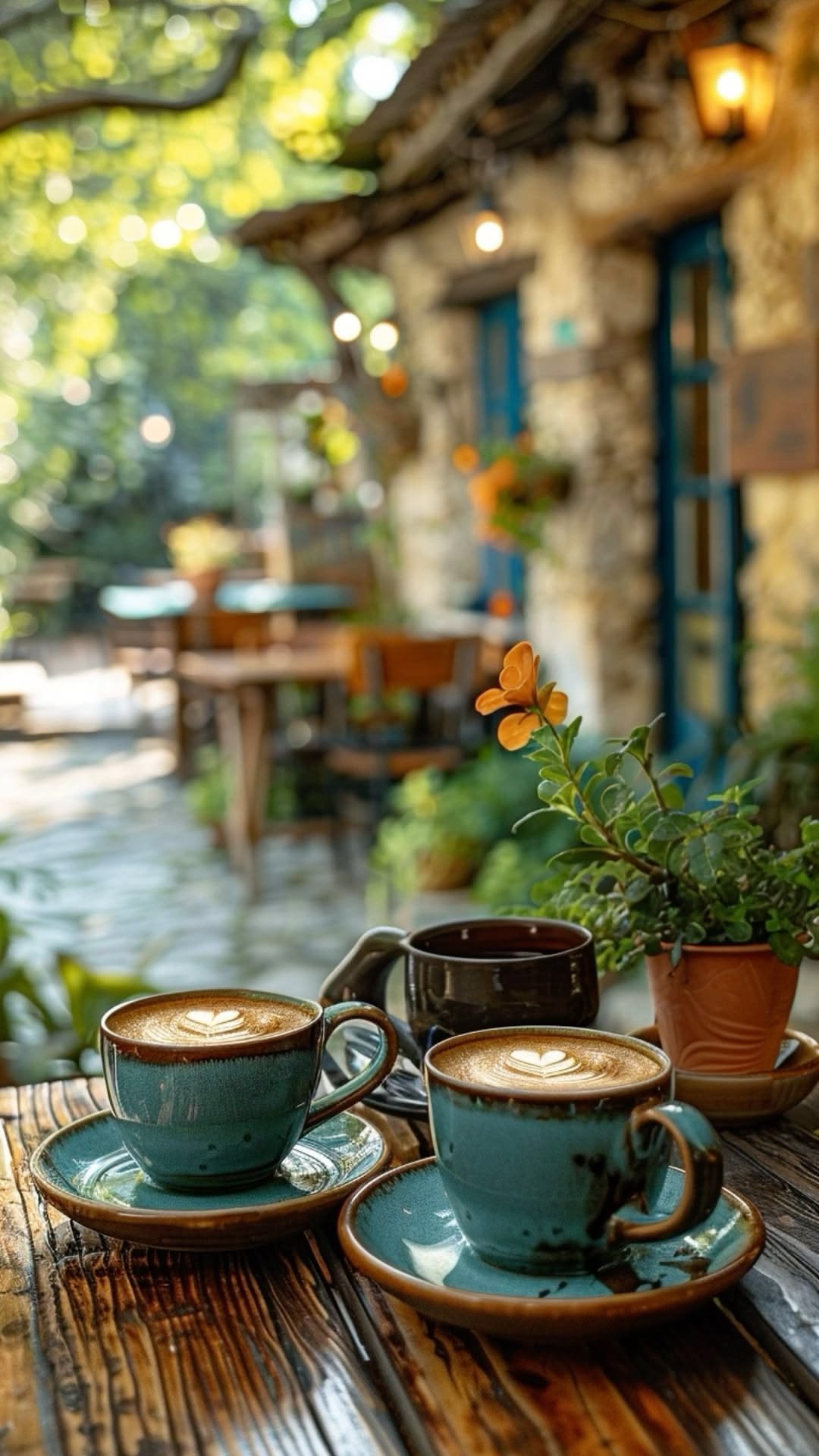 Two espresso cups on a wood round beside a forest creek